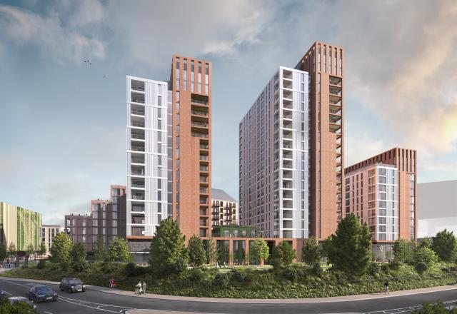 A CGI image of four high-rise buildings with greenery at the botttom