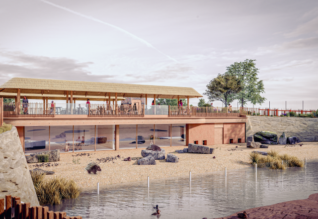 CGI of Chester Zoo, wood and glass building beside water with a giraffe at the front of the CGI.
