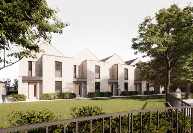 CGI render of the SHAP homes scheme - white brick buildings facing a grassy garden with a fence in front of the grass.