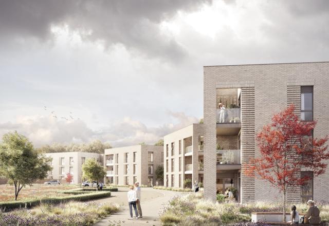 A CGI of a later living development by Buttress with several modern brick apartment buildings arranged around a landscaped walkway. The scene includes trees, wild grasses, and flowers. People are strolling, sitting, and engaging with one another. A red-leafed tree stands in contrast to the muted tones of the buildings and surrounding greenery. The sky is a mix of clouds and sunlight, casting a soft glow over the area.