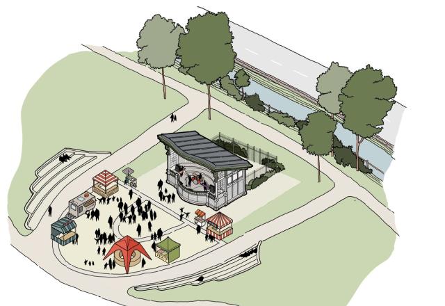 A sketch of Todmorden bandstand - a traditional bandstand in a park area