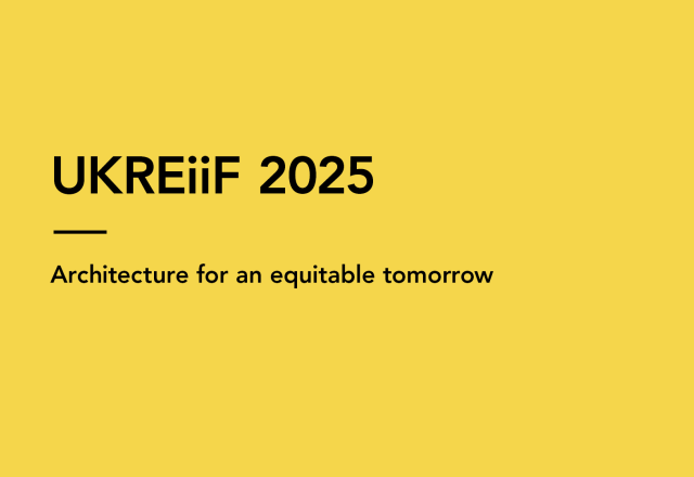 Yellow background with black text: "UKREiiF 2025. Architecture for an equitable tomorrow."