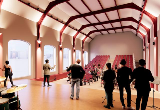 CGI visual of the interior of a performance space. Peope are standing on wood floors in front of tiered seating.