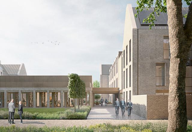 A CGI of school buildings made from buff brick. 