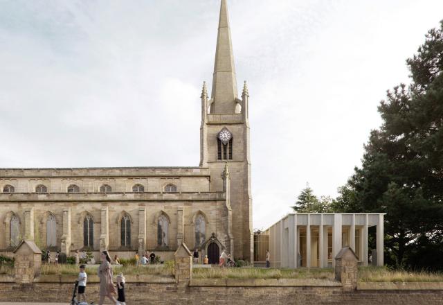A CGI of a church with contemporary extension