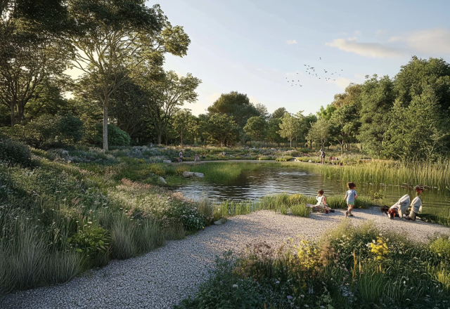 CGI of lake by trees and grass