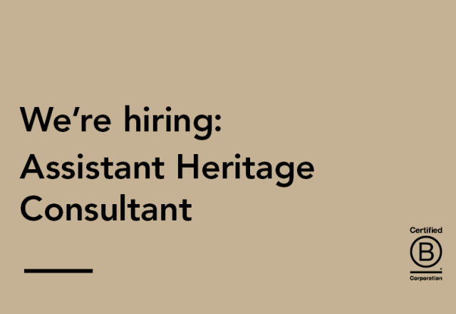 graphic with brown background and the text: we're hiring - assistant heritage consultant