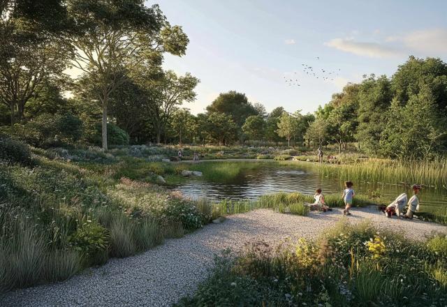 CGI of Merton Meadows flood alleviation scheme, wetlands by water