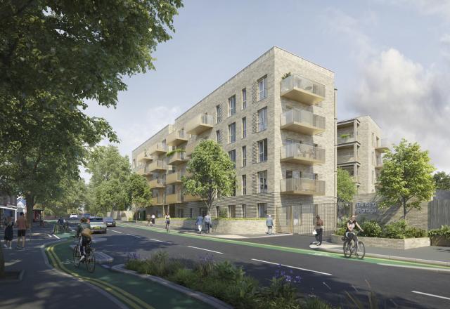 CGI views of Chorlton Baths later living apartment block, street view with trees to the foreground.