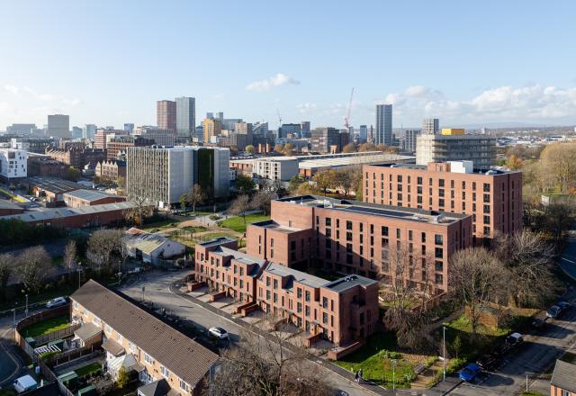 An ariel photo of residential buildings set within an urban view.