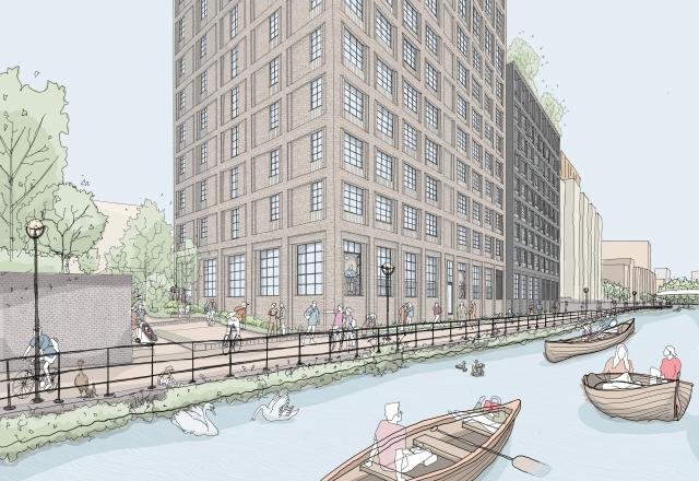 A sketch of a tall tower apartment block by a riverside.