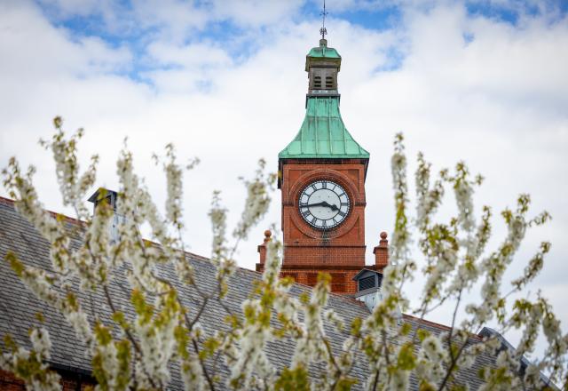 A red brick clock tower with a green pitched roof.