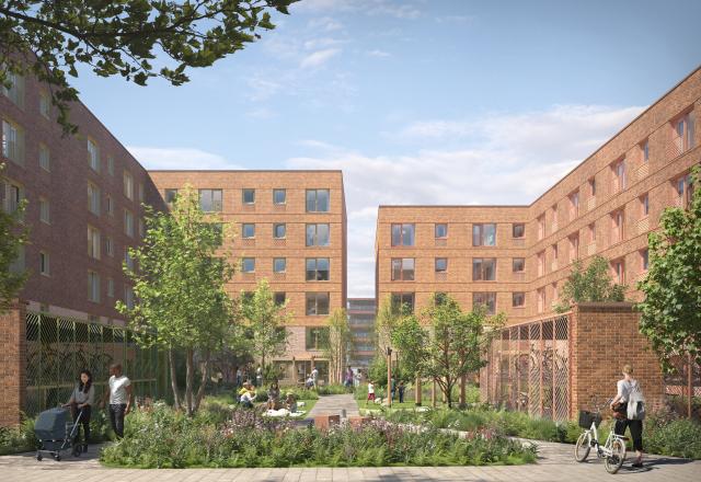 A CGI image of the residential apartment blocks with landscaping and greenery.