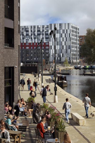 View of a canal side and apartment scheme. 