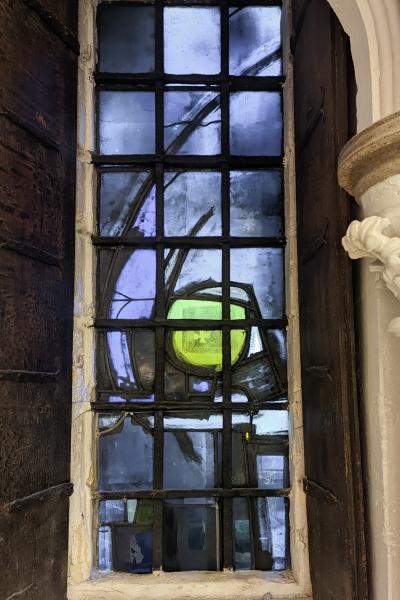 close up of lincoln treasury stained glass window