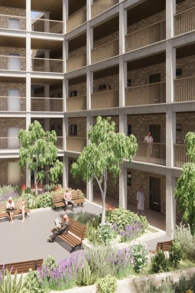 External courtyard with trees between two apartment buildings