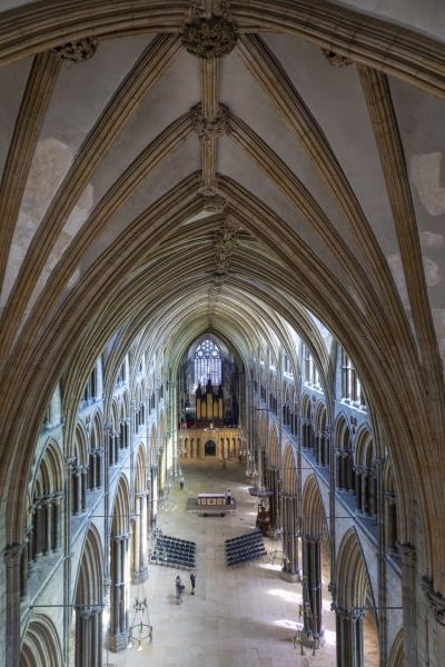 a high level view down the nave at lincoln cathedral