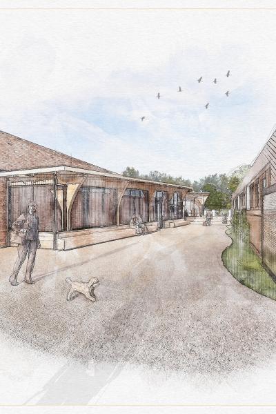 A sketch of the courtyard showing the stables made into units with wooden canopies with wooden seating areas.  A dog and its owner is in the foreground and people are also sitting on the benches infront of the stable units. There is a area of green planting on the right hand side. 