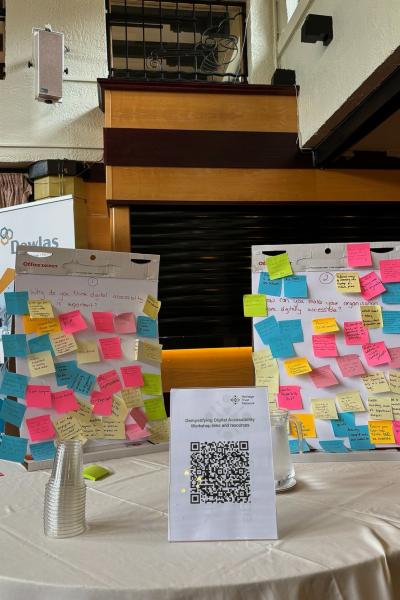 Boards on a table with multi-coloured sticky notes on them