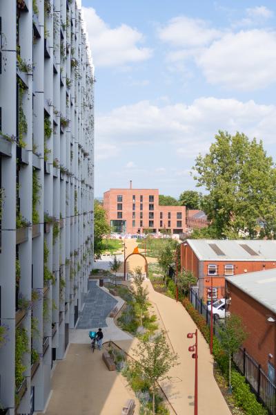 Urban scene with a green-walled building, tree-lined path, red-brick building in the distance, and two people walking.
