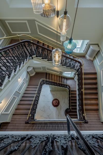 A view of the stairs inside Buile Mansion.