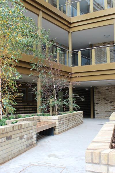 A courtyard and trees inside the apartment development.