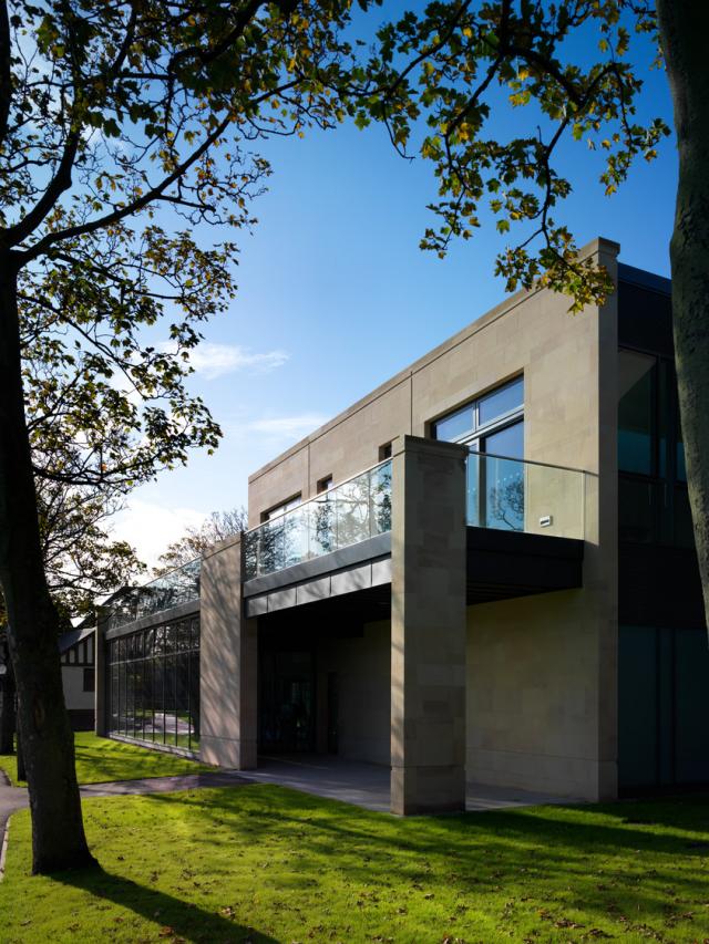 Exterior shot of the sports centre at Merchant Taylors' School, Crosby.