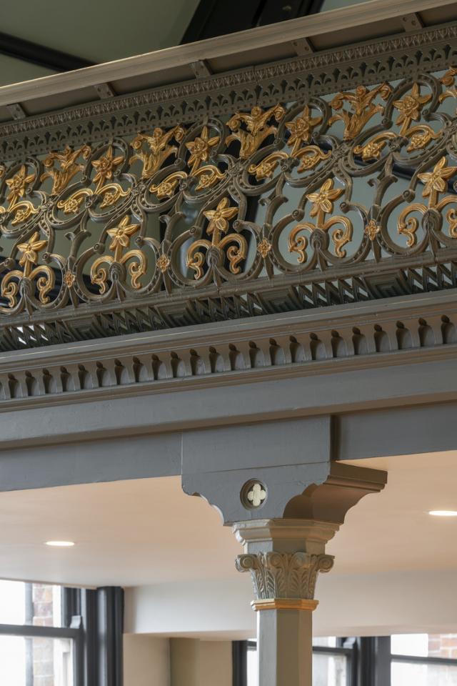 Historic detailing of the Victorian ballroom at Stretford Public Hall.