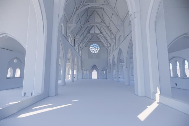 VR visual depicting interior of church building, all white