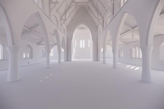 VR visual depicting interior of church building, all white