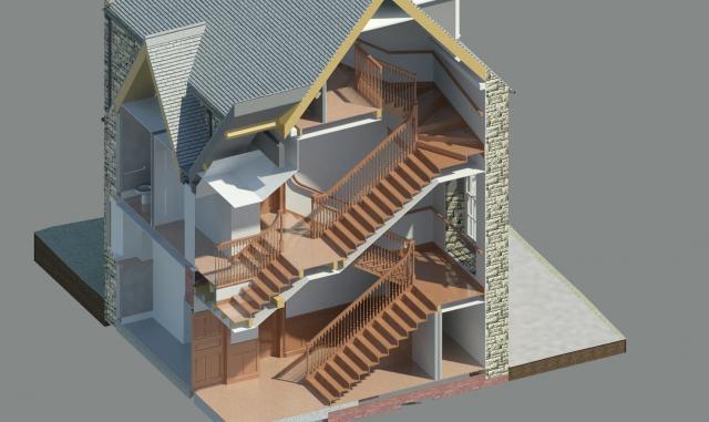 VR visual of exterior of house, cut through to reveal stairs and landing parts