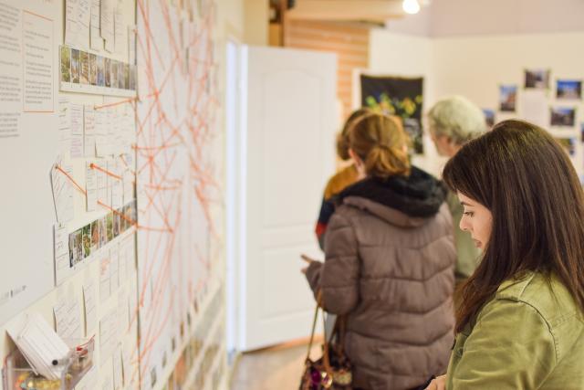 visitor looking at workshop display board