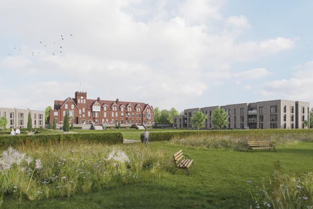 CGI of a redeveloped site with historic school with new apartments