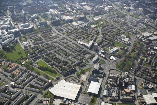 Aerial image of Brunswick, an inner-city area of south Manchester.