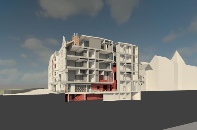 CGI section of a hotel building