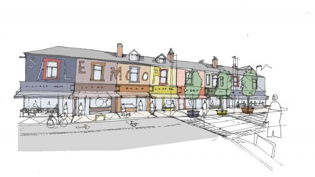 a sketch of a brightly coloured row of shops