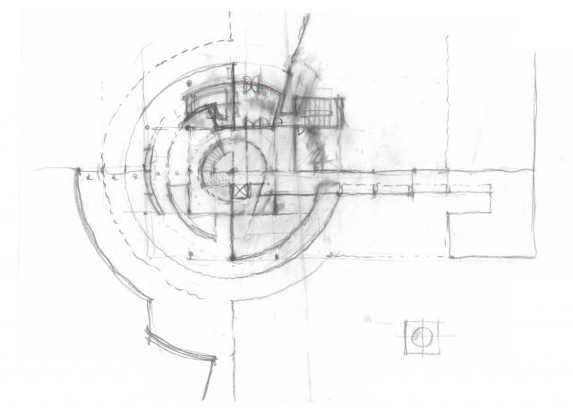 rough pencil sketch of circular siemens building plan