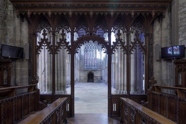 interior of st marys, church building with arches and columns of stone