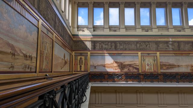 interior of the harris gallery corridor with distinctive paintings