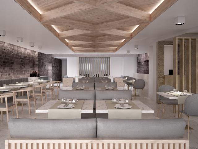a restaurant interior with wooden feature ceiling and grey upholstered bench seats