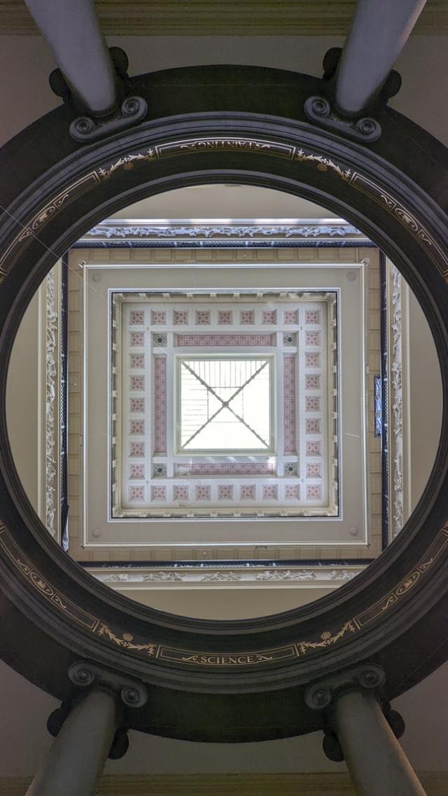 looking up into the dome of the Harris Museum