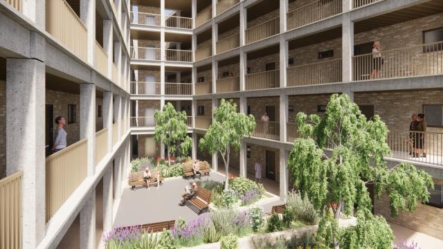 internal courtyard and garden area of an apartment development 