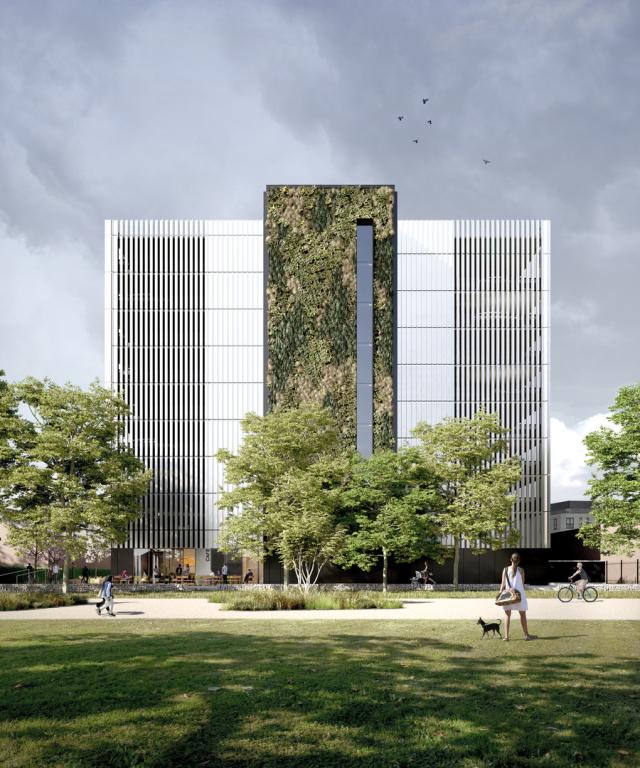 looking at the ancoats mobility hub from the park