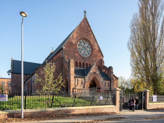 Exterior shot of Church of the Ascension, Salford, after fire damage restoration.