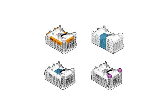 four diagrams of a building drawn in 3D with coloured elements on each