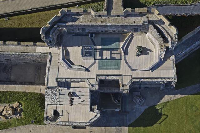 a birds eye view of the new deck on top of the kings gate towers at caernarfon castle