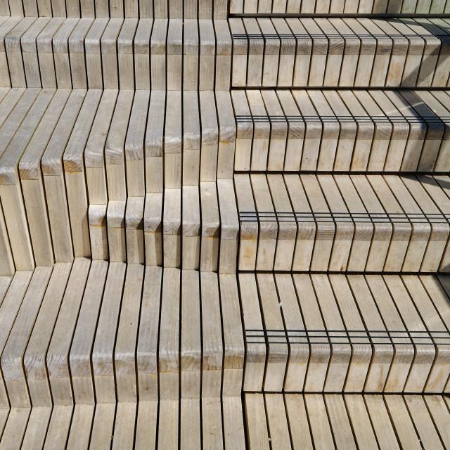 A close up of the timber steps/seating on the Caernarfon deck