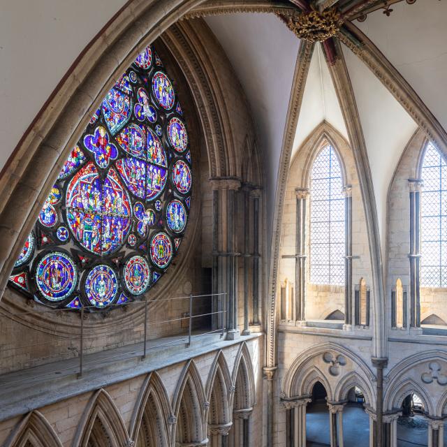 close view of the dean's eye stained glass window at lincoln cathedral