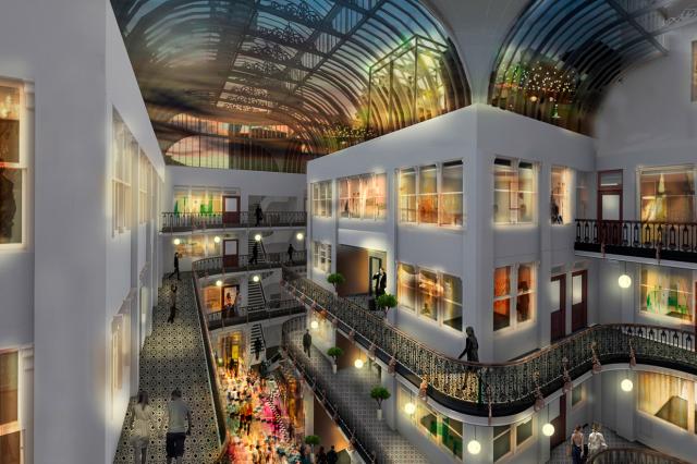 a cgi showing the inside or a Victorian arcade that is now used as a hotel at dusk. There is an arched iron and glass roof and lights are on in the guest bedrooms.