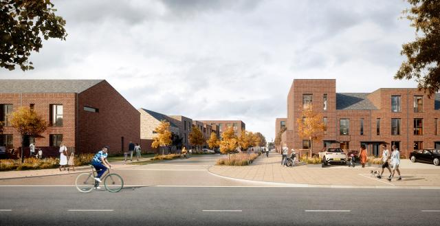 Street view of Robert Hall Street and the proposed Clements Way. Two blocks of housing. On the right hand side is a square block of housing with more traditional roof top housing on the left hand side. 